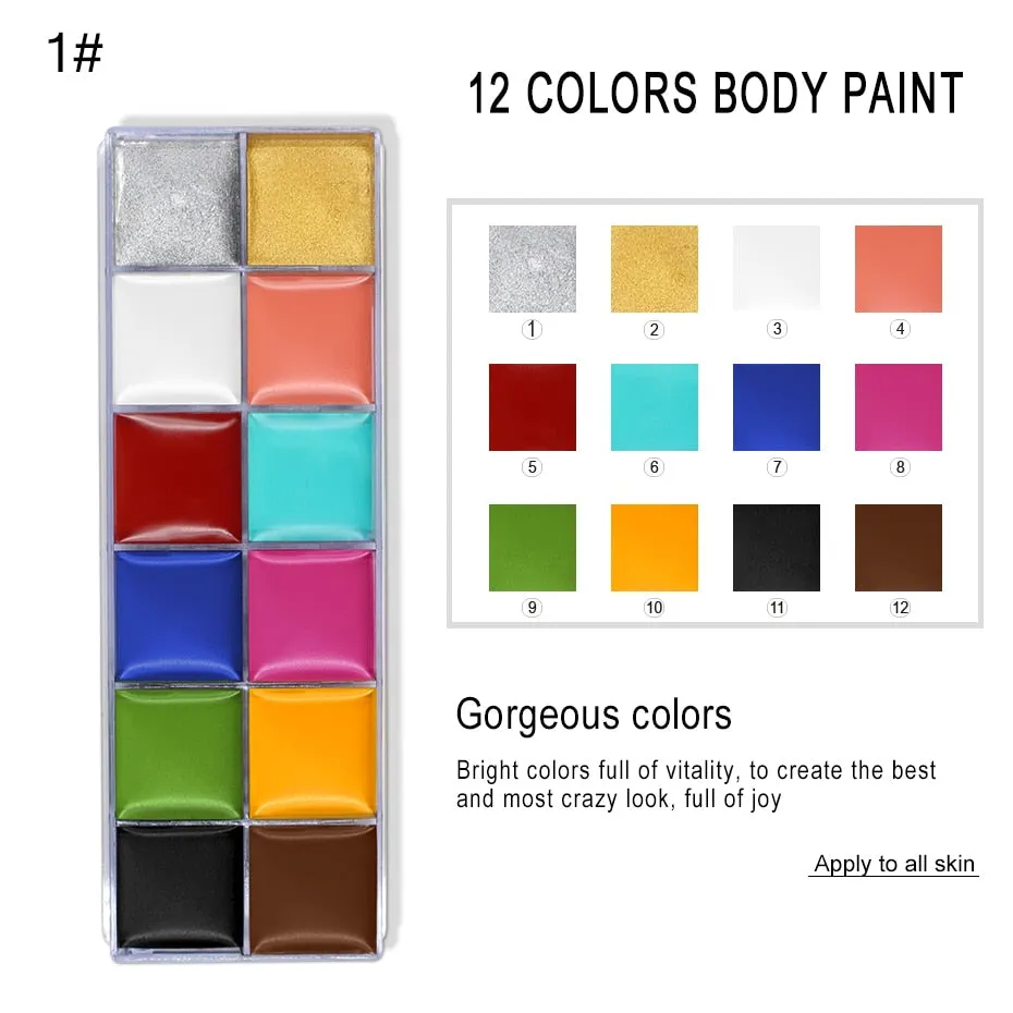 12 Colors Flash Tattoo Face Body Paint Oil Painting Art use in Halloween Party Fancy Dress Beauty Makeup Tool