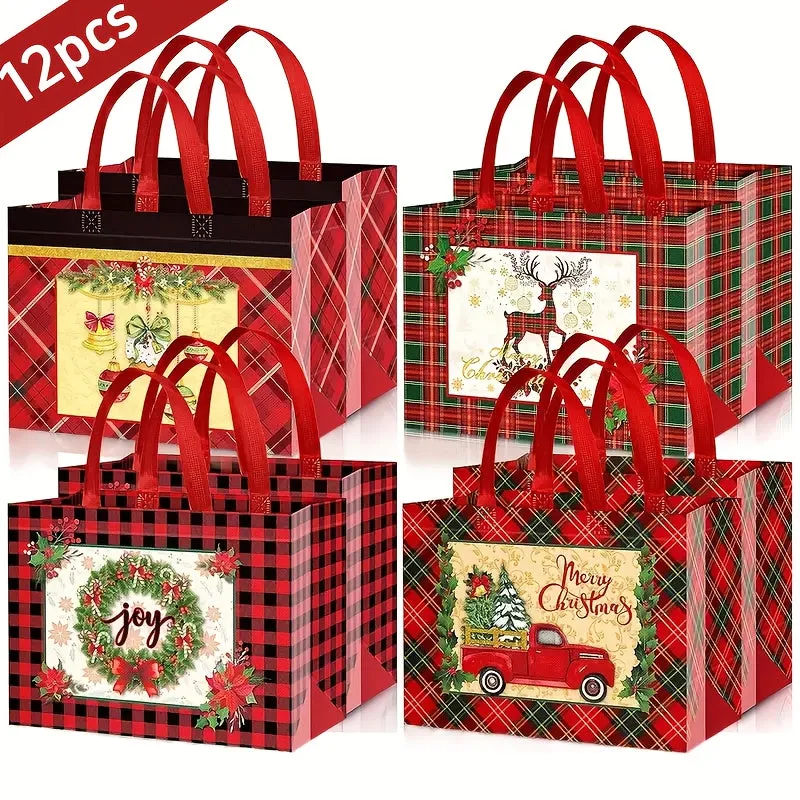 12-Pack Extra-Large Waterproof Reusable Tote Bags, 12.8x17.7 inches, Non-Woven Red Plaid Gift Bags with Handles for Christmas, Multipurpose Shopping Party Favor Bags