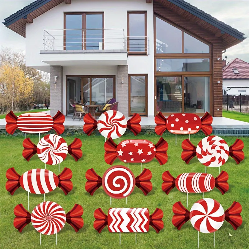 12pcs Christmas Candy Lawn Signs Set - Waterproof Corrugated Cardboard, Perfect for Holiday Garden & Pathway Decor, Christmas Decor