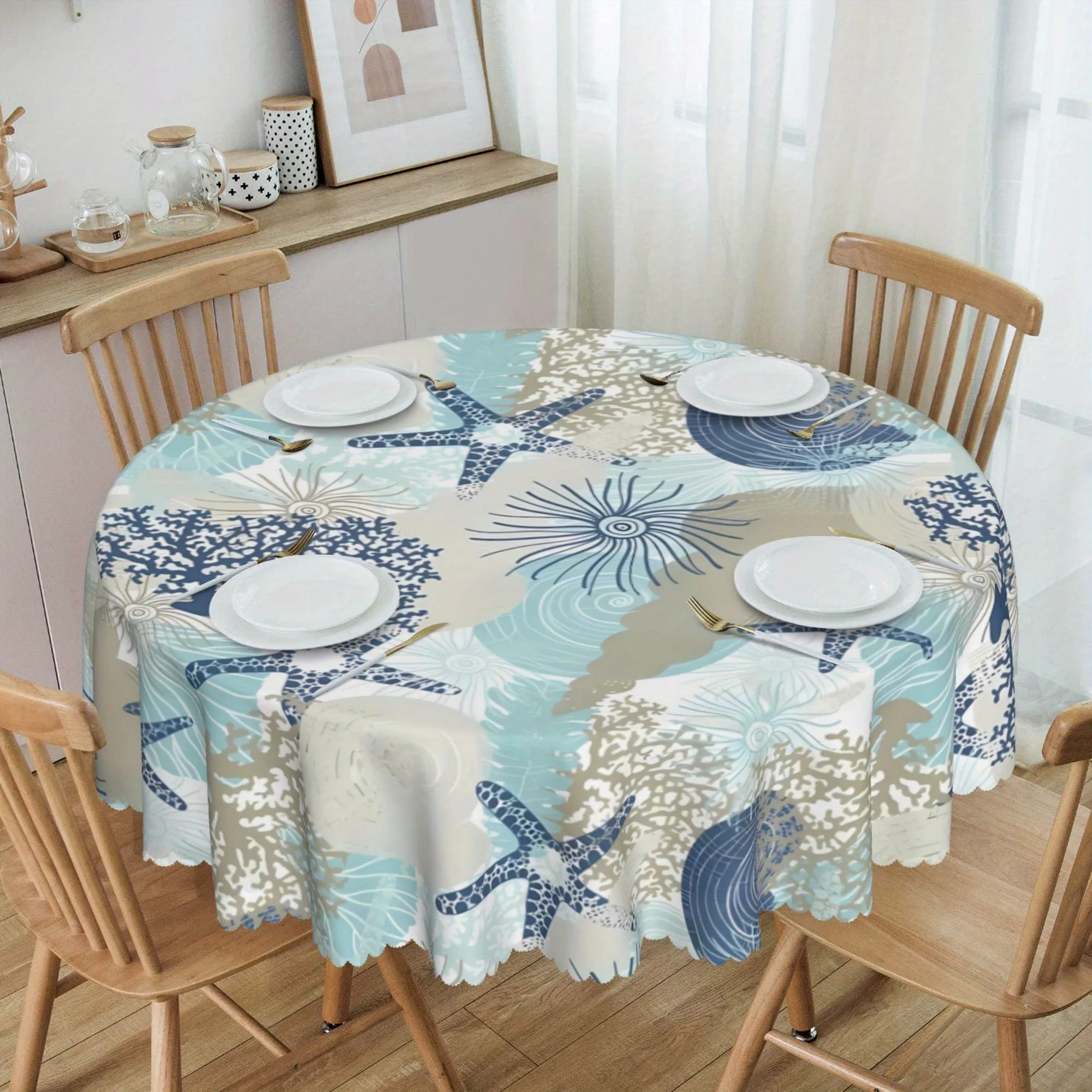 1pc Coastal Summer Round Tablecloth - Waterproof Stain Wrinkle Free Circle Table Cover for Indoor Outdoor Home Kit - Beach Starfish Coral Seashell Design, Easy Care, Durable, and Versatile Table Linen for Kitchen & Dining