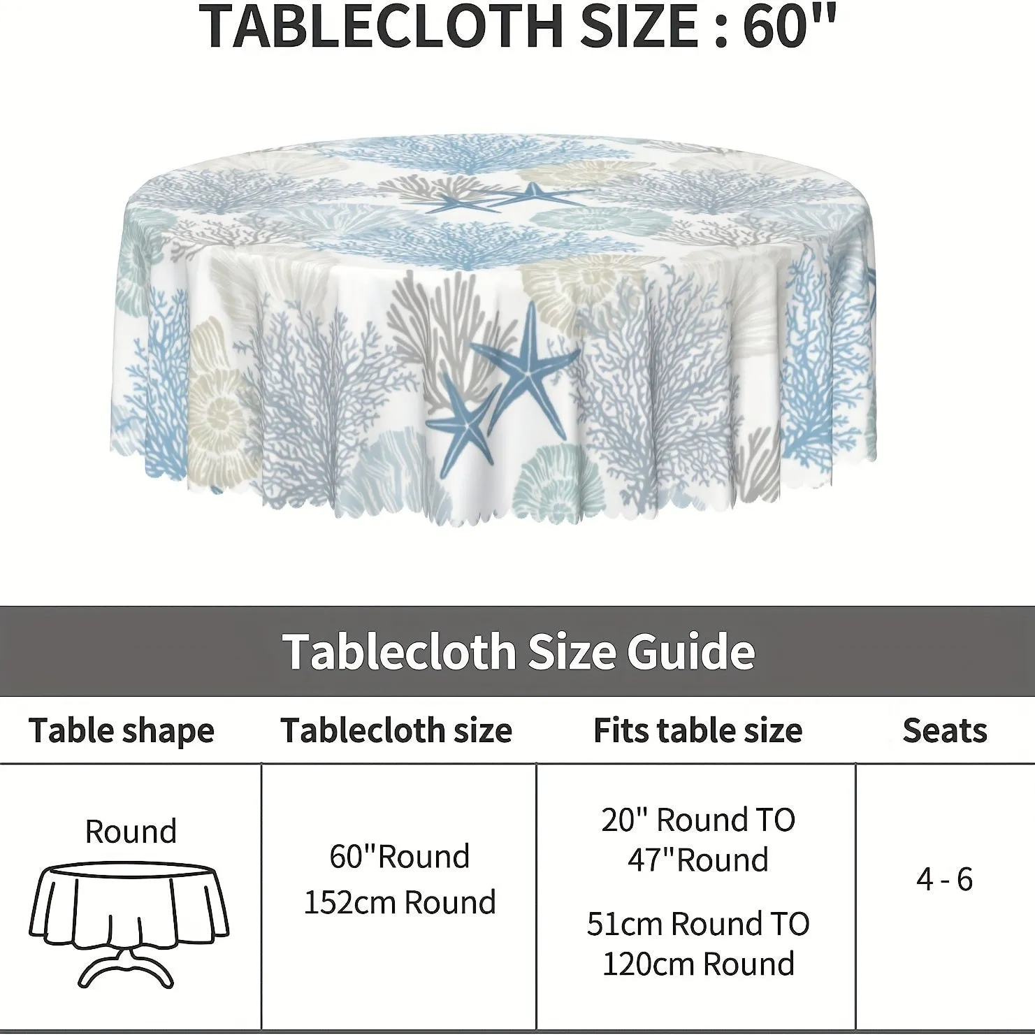 1pc Coastal Summer Round Tablecloth - Waterproof Stain Wrinkle Free Circle Table Cover for Indoor Outdoor Home Kit - Beach Starfish Coral Seashell Design, Easy Care, Durable, and Versatile Table Linen for Kitchen & Dining