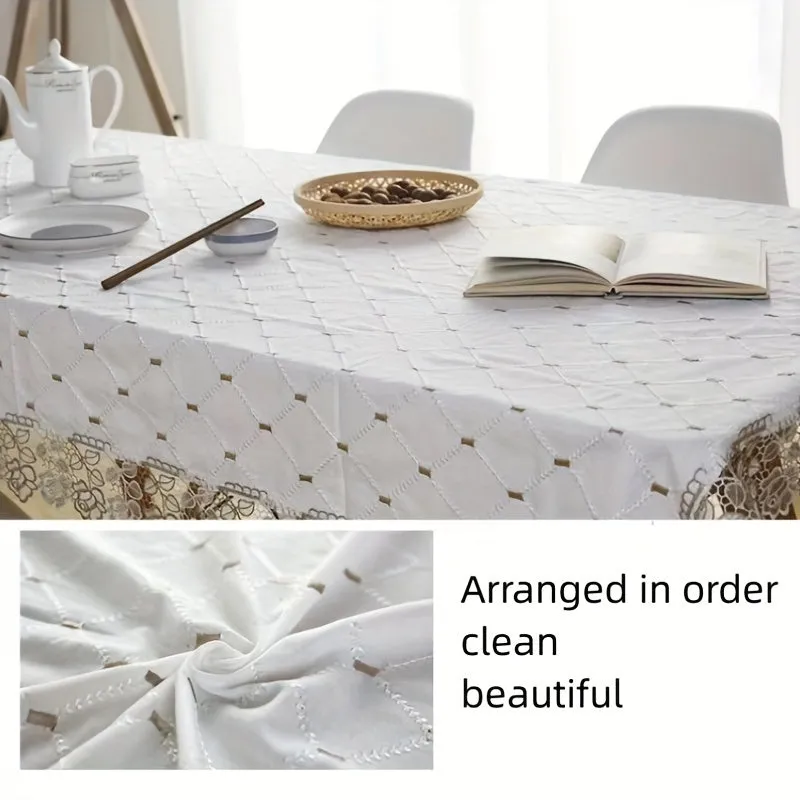 1pc Elegant Plaid & Lace Macrame Tablecloth - Stain & Waterproof, Ideal for Home Decor & Outdoor Events