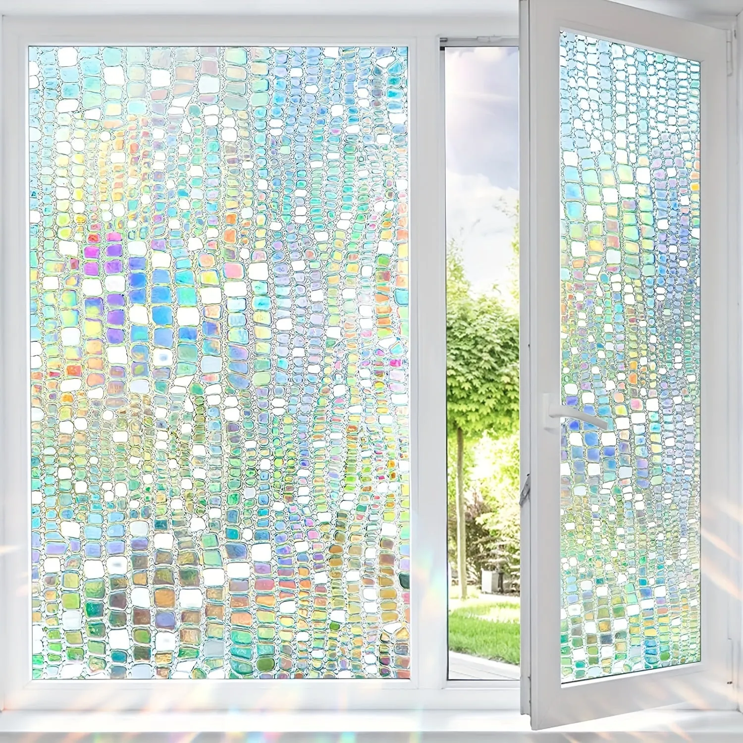 1PC Privacy Window Film Stained Glass Rainbow Clings Window Tint Sun Blocking 3D Decorative Static Window Sticker For Home Bathroom Living Room Decor