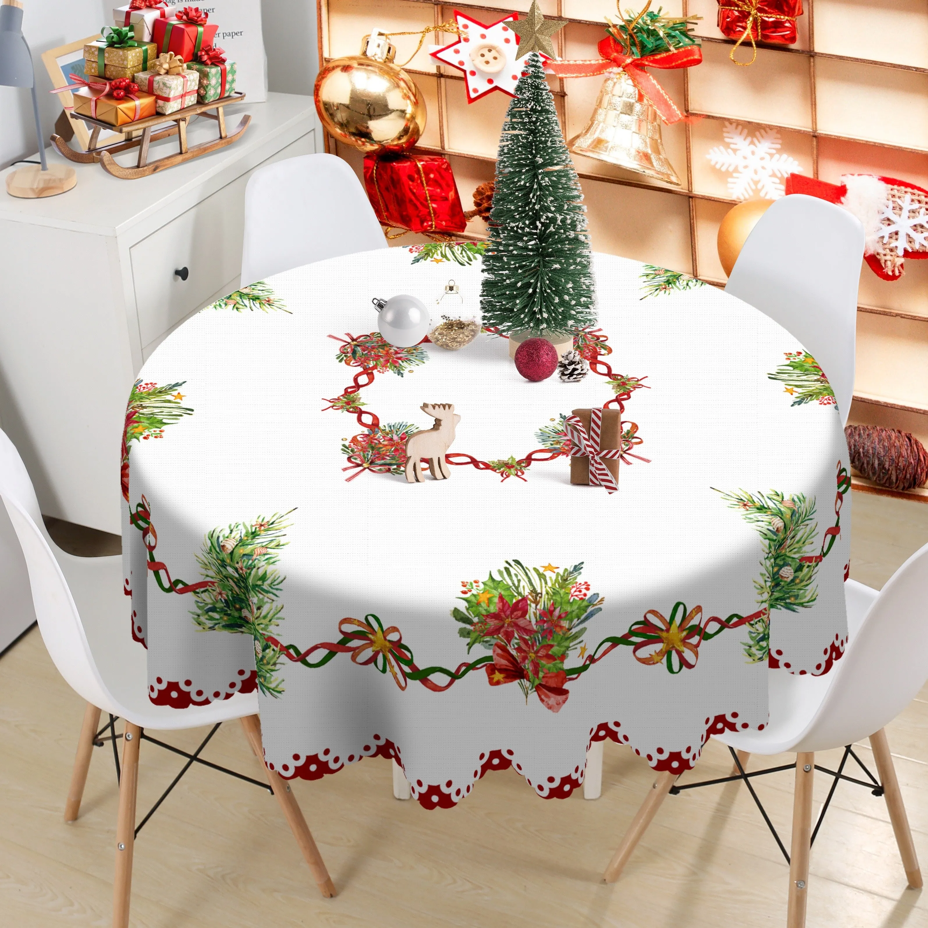 1pc Round Merry Christmas Tablecloth - Waterproof Stain Wrinkle Free Circle Tablecover for Indoor Outdoor Home Kitchen Dining Party Decoration - Farmhouse Reindeer Snowflakes Christmas Decor