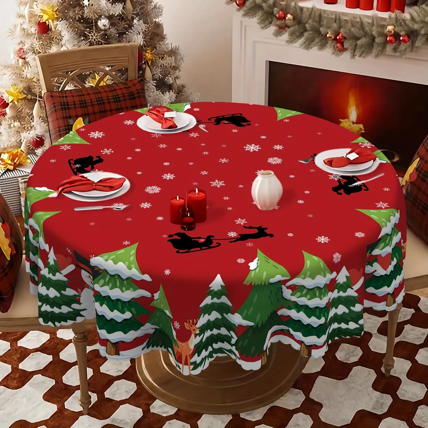 1pc Round Merry Christmas Tablecloth - Waterproof Stain Wrinkle Free Circle Tablecover for Indoor Outdoor Home Kitchen Dining Party Decoration - Farmhouse Reindeer Snowflakes Christmas Decor