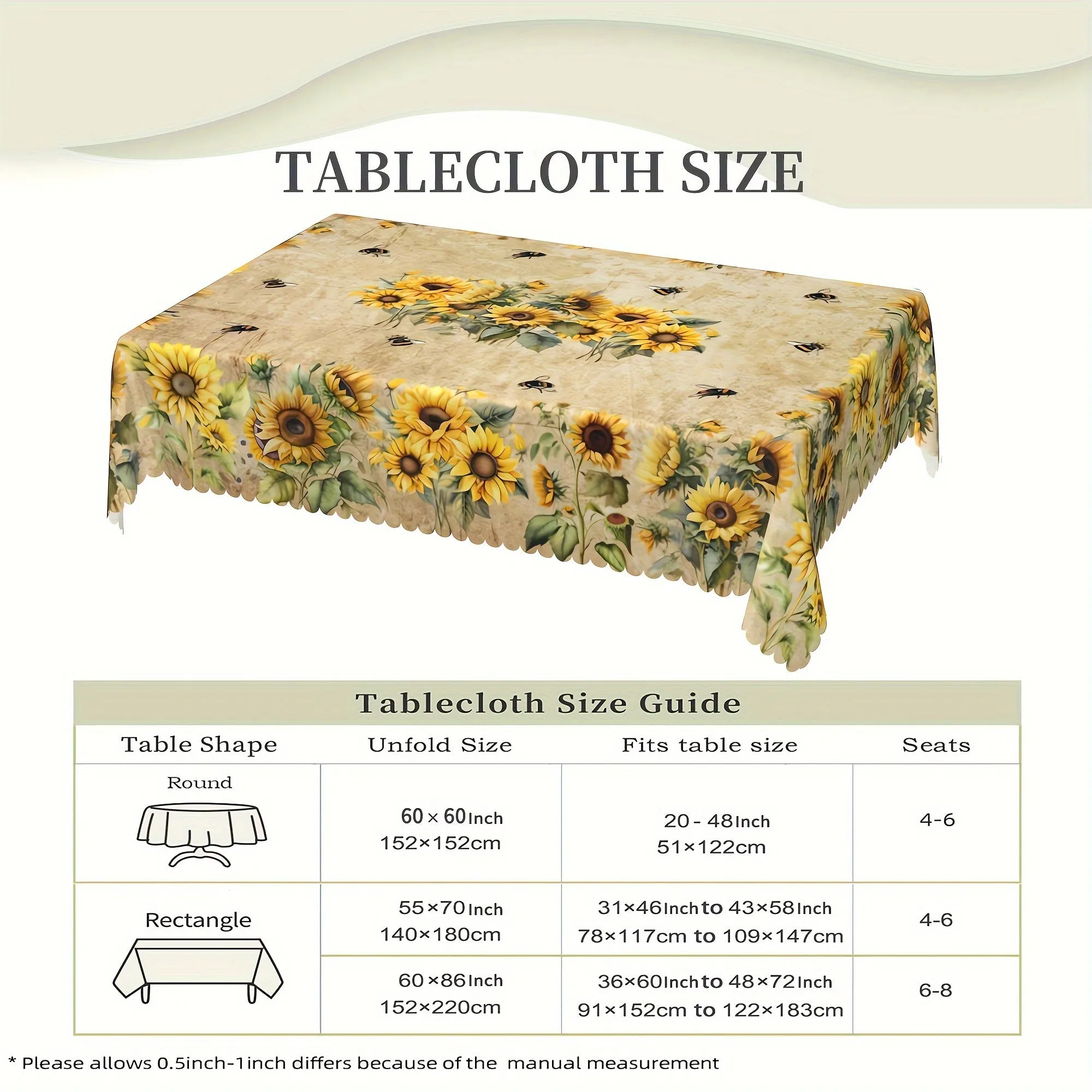 1pc Round/Square Tablecloth, Sunflower Floral Table Cloth, Bee Tablecover, Waterproof Stain Wrinkle Free, Indoor And Outdoor Table Cover, For Home Kitchen Dining Party Decoration