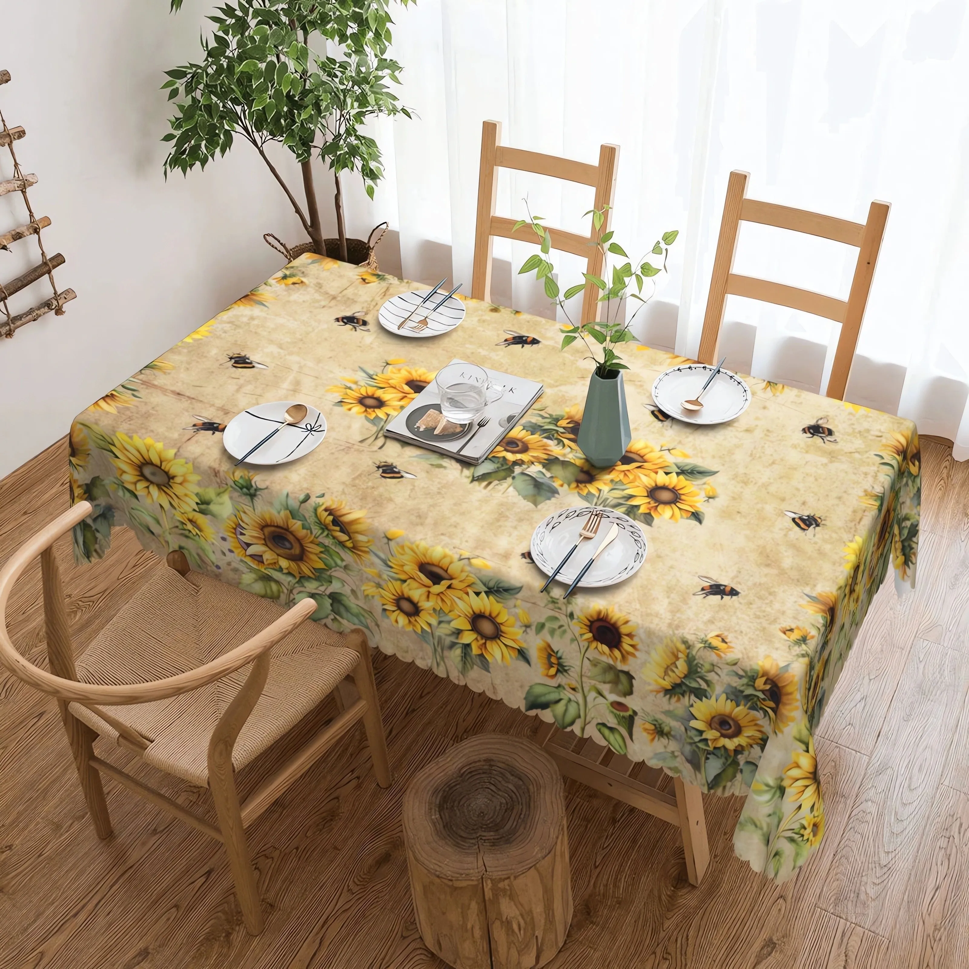 1pc Round/Square Tablecloth, Sunflower Floral Table Cloth, Bee Tablecover, Waterproof Stain Wrinkle Free, Indoor And Outdoor Table Cover, For Home Kitchen Dining Party Decoration