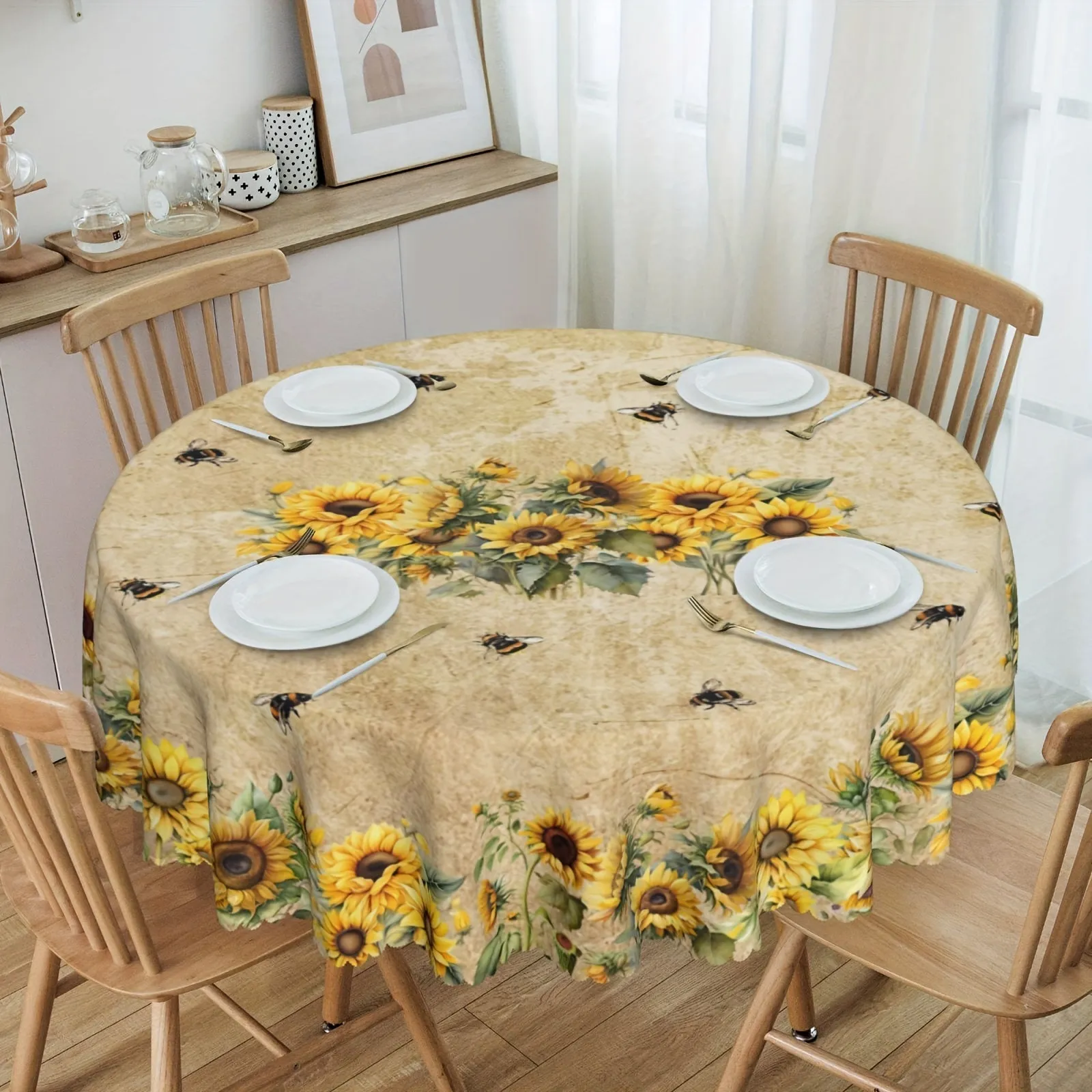 1pc Round/Square Tablecloth, Sunflower Floral Table Cloth, Bee Tablecover, Waterproof Stain Wrinkle Free, Indoor And Outdoor Table Cover, For Home Kitchen Dining Party Decoration