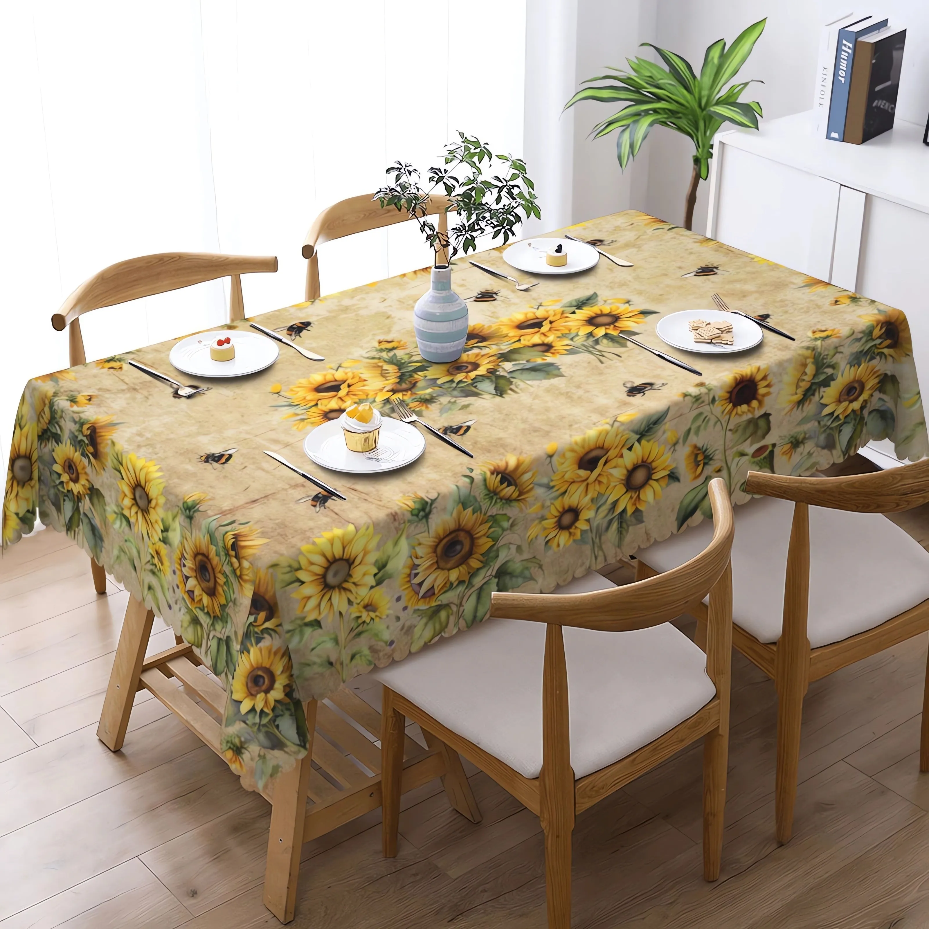 1pc Round/Square Tablecloth, Sunflower Floral Table Cloth, Bee Tablecover, Waterproof Stain Wrinkle Free, Indoor And Outdoor Table Cover, For Home Kitchen Dining Party Decoration