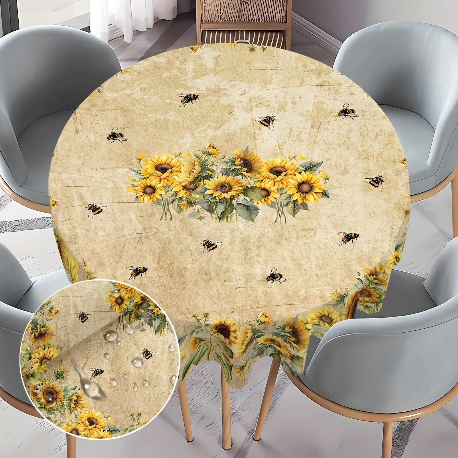 1pc Round/Square Tablecloth, Sunflower Floral Table Cloth, Bee Tablecover, Waterproof Stain Wrinkle Free, Indoor And Outdoor Table Cover, For Home Kitchen Dining Party Decoration