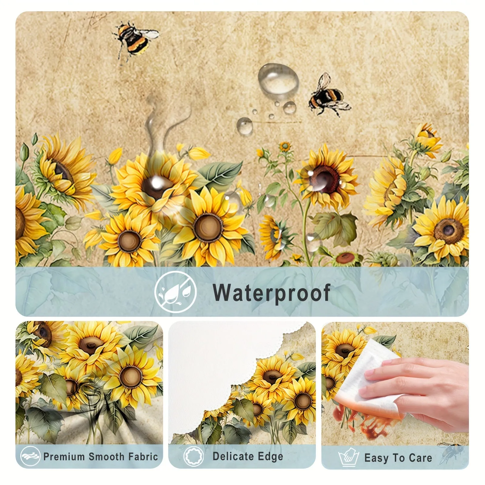 1pc Round/Square Tablecloth, Sunflower Floral Table Cloth, Bee Tablecover, Waterproof Stain Wrinkle Free, Indoor And Outdoor Table Cover, For Home Kitchen Dining Party Decoration