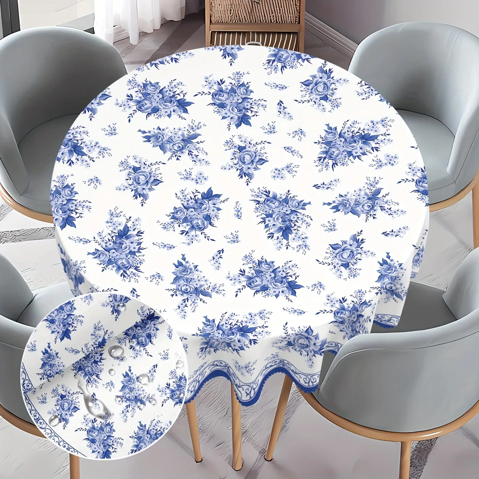 1pc Spring Floral Round/Square Waterproof Tablecloth - Stain Resistant, Wrinkle Free, Indoor/Outdoor Table Cover for Home Kitchen Dining Party Decoration - Easy Care, Seasonal Holiday Theme, Blue Floral Pattern