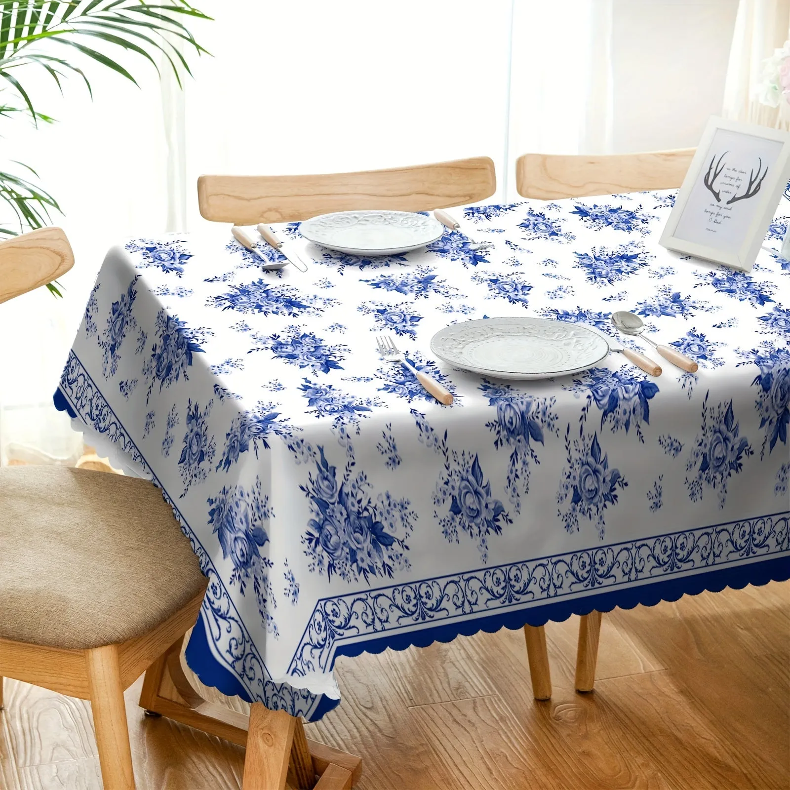 1pc Spring Floral Round/Square Waterproof Tablecloth - Stain Resistant, Wrinkle Free, Indoor/Outdoor Table Cover for Home Kitchen Dining Party Decoration - Easy Care, Seasonal Holiday Theme, Blue Floral Pattern