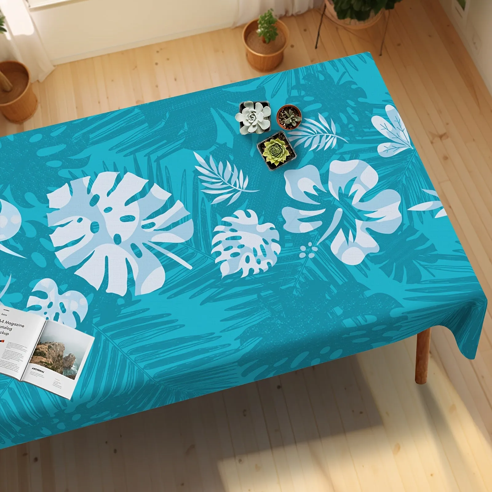 1pc Tropical Blue Hawaiian Holiday Table Cover - Vibrant Floral Pattern, Stain & Wrinkle Resistant, Anti-Slip, Fade-Proof Home Decor