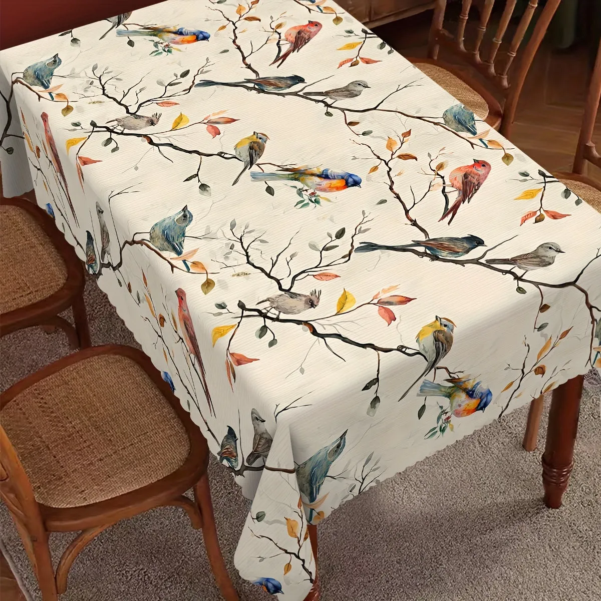 1pc Vibrant Birds on Branches Printed Tablecloth - Stain Resistant, Erasable, Waterproof, and Easy to Clean - Perfect for Spring Theme Decor, Restaurant, Party, Holiday, Gift, Indoor, and Outdoor Use