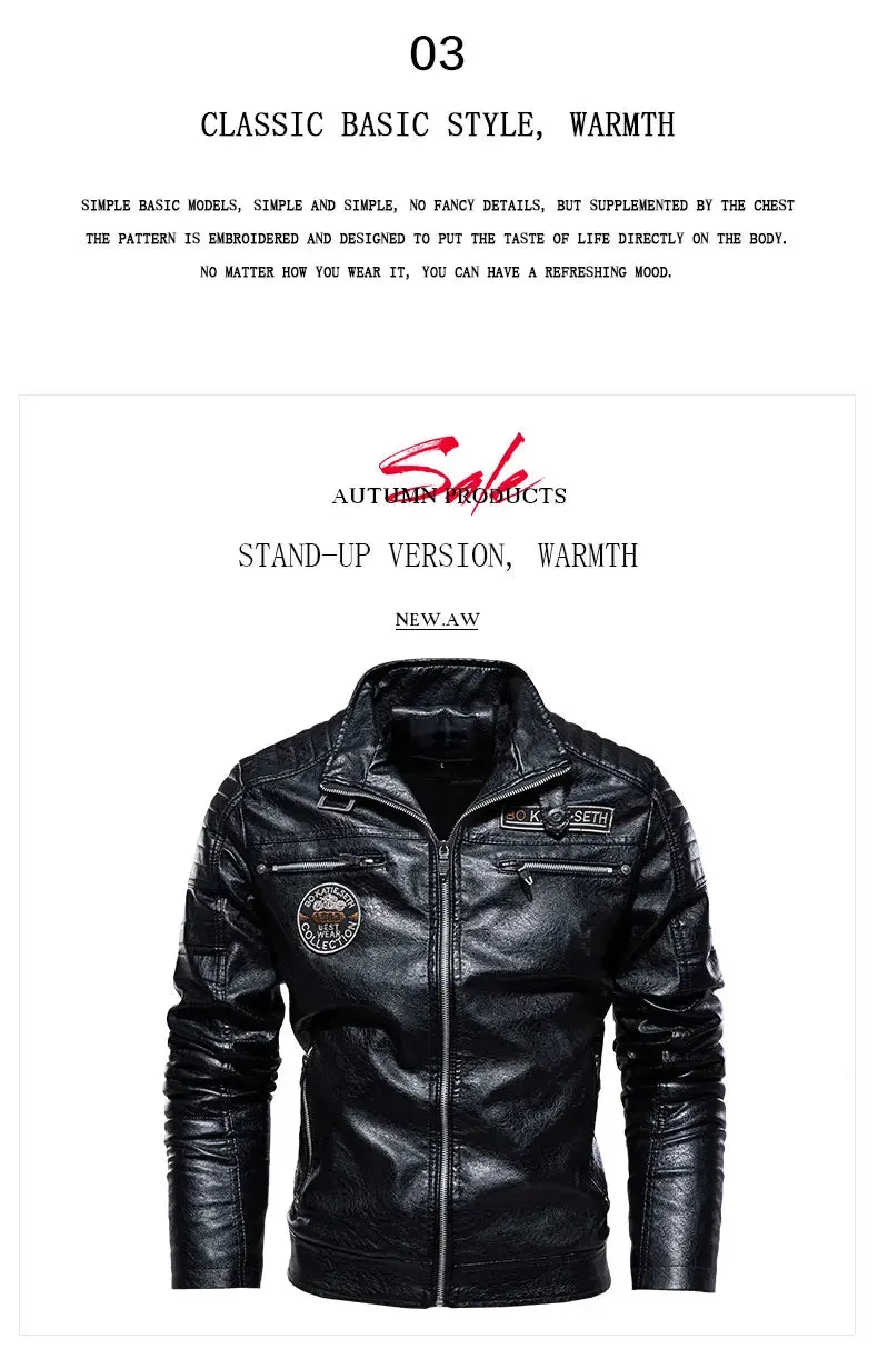 2023 Leather Jacket Men Winter Fleece Motorcycle Faux Leather Jacket Removable Fur Collar Windbreaker Ropa De Hombre Slim Coat