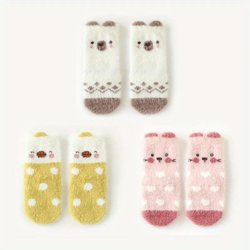 2/3pairs Baby Girls Kids Cartoon Pattern Cute Socks, Thickened Fleece Warm Socks For Autumn Winter, Anti-skid Socks With Dot Glue, Infant Toddlers Children's Socks For 0-1 1-3 Years Old