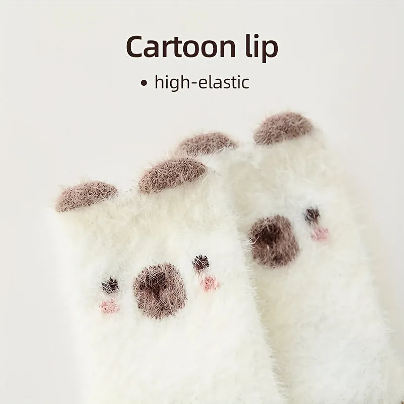 2/3pairs Baby Girls Kids Cartoon Pattern Cute Socks, Thickened Fleece Warm Socks For Autumn Winter, Anti-skid Socks With Dot Glue, Infant Toddlers Children's Socks For 0-1 1-3 Years Old