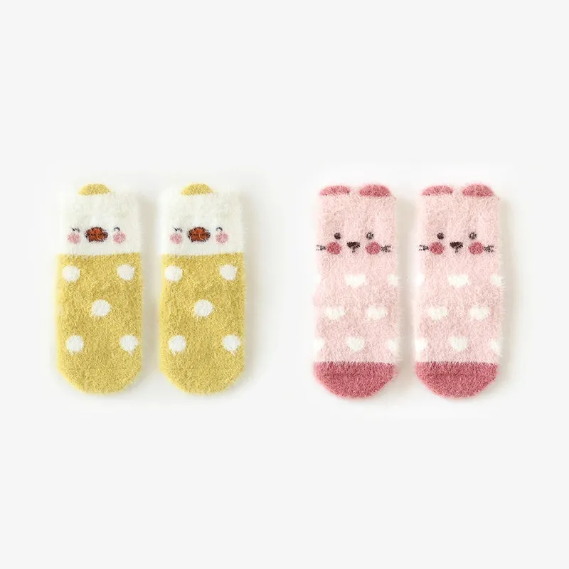 2/3pairs Baby Girls Kids Cartoon Pattern Cute Socks, Thickened Fleece Warm Socks For Autumn Winter, Anti-skid Socks With Dot Glue, Infant Toddlers Children's Socks For 0-1 1-3 Years Old