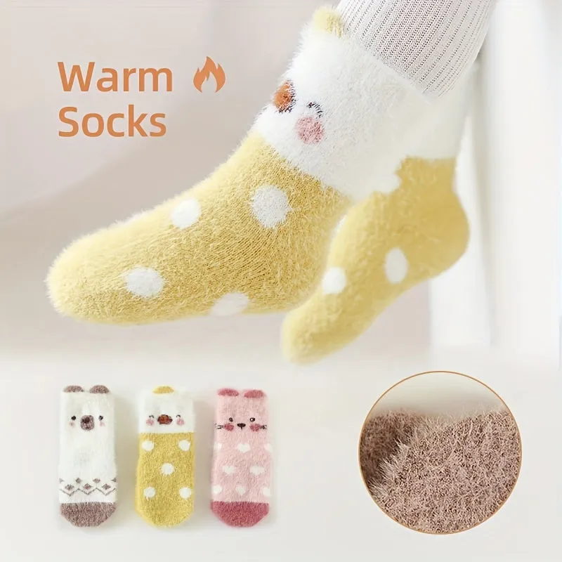 2/3pairs Baby Girls Kids Cartoon Pattern Cute Socks, Thickened Fleece Warm Socks For Autumn Winter, Anti-skid Socks With Dot Glue, Infant Toddlers Children's Socks For 0-1 1-3 Years Old