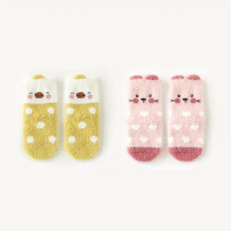 2/3pairs Baby Girls Kids Cartoon Pattern Cute Socks, Thickened Fleece Warm Socks For Autumn Winter, Anti-skid Socks With Dot Glue, Infant Toddlers Children's Socks For 0-1 1-3 Years Old