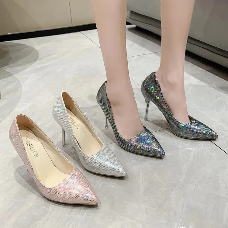 33-43 large size women's single shoes  new Korean pointed shallow mouth fine heel sequins single shoes