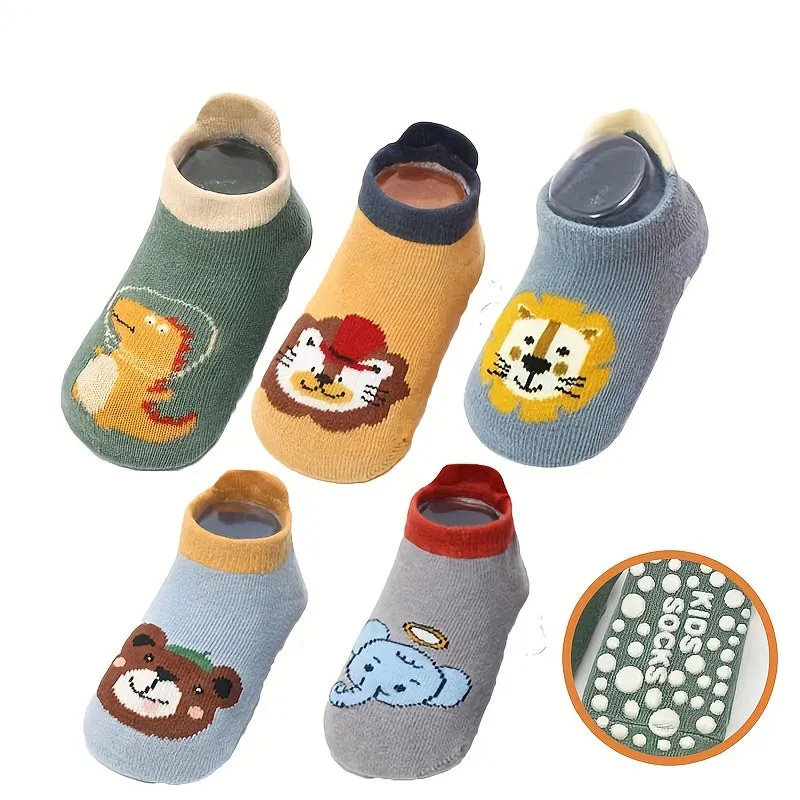 5pairs Anti-skid Socks For Toddlers Children With Rubber Dots, Cartoon Pattern Cute Socks, Suitable For Both Boys And Girls