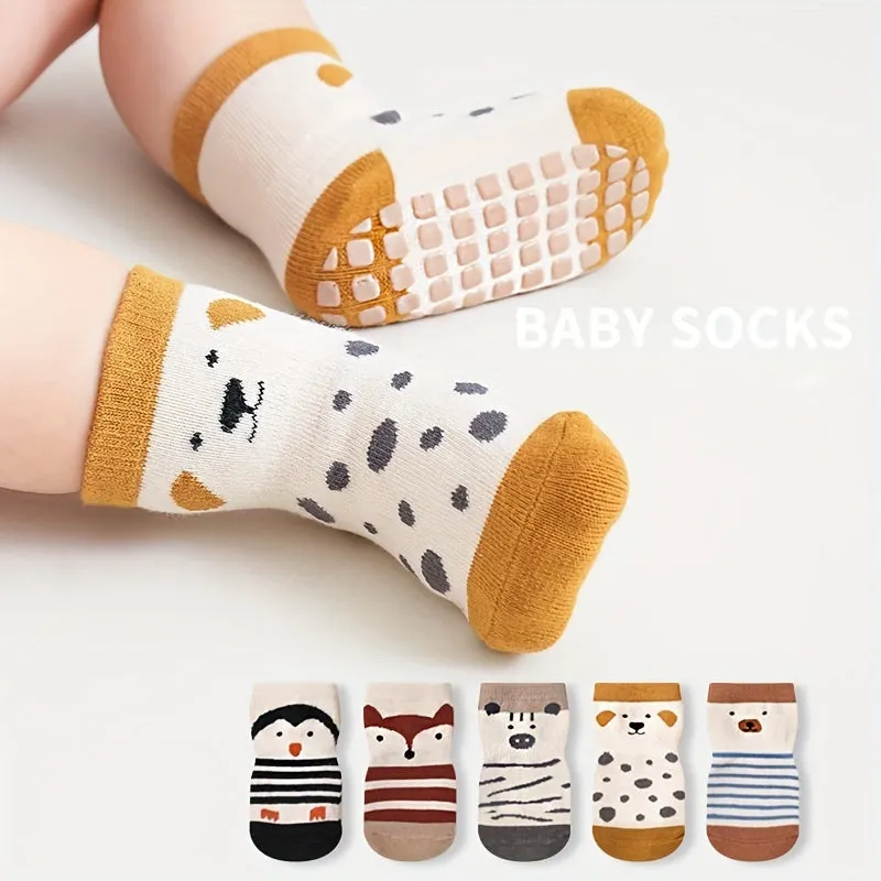 5pairs Anti-skid Socks For Toddlers Children With Rubber Dots, Cartoon Pattern Cute Socks, Suitable For Both Boys And Girls