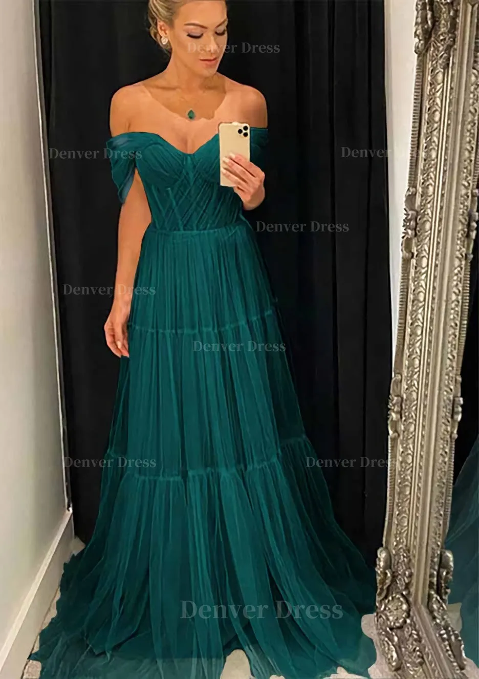 A-line Off-the-Shoulder Sleeveless Sweep Train Tulle Prom Dress With Pleated