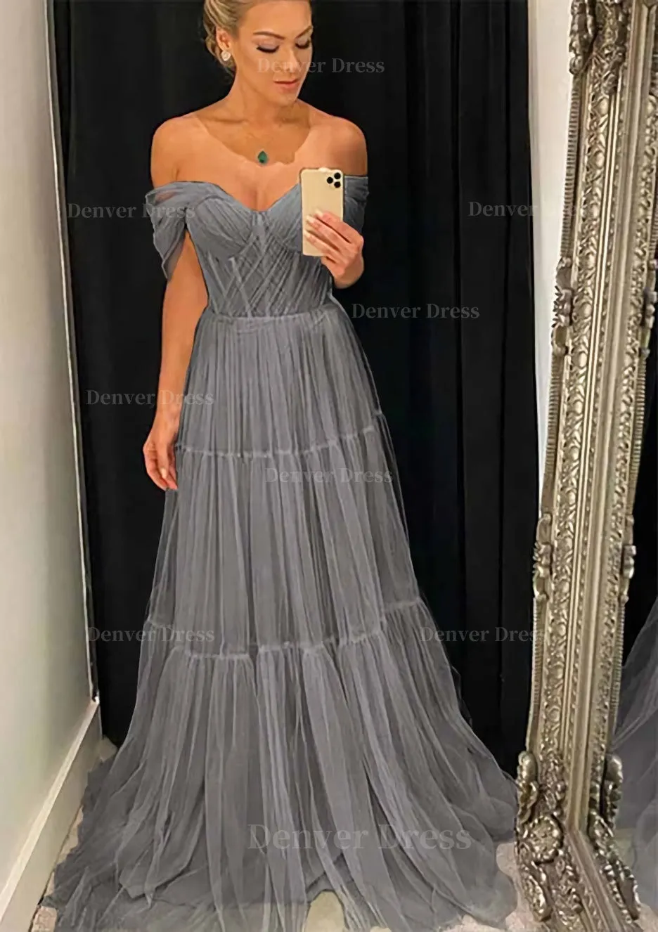 A-line Off-the-Shoulder Sleeveless Sweep Train Tulle Prom Dress With Pleated