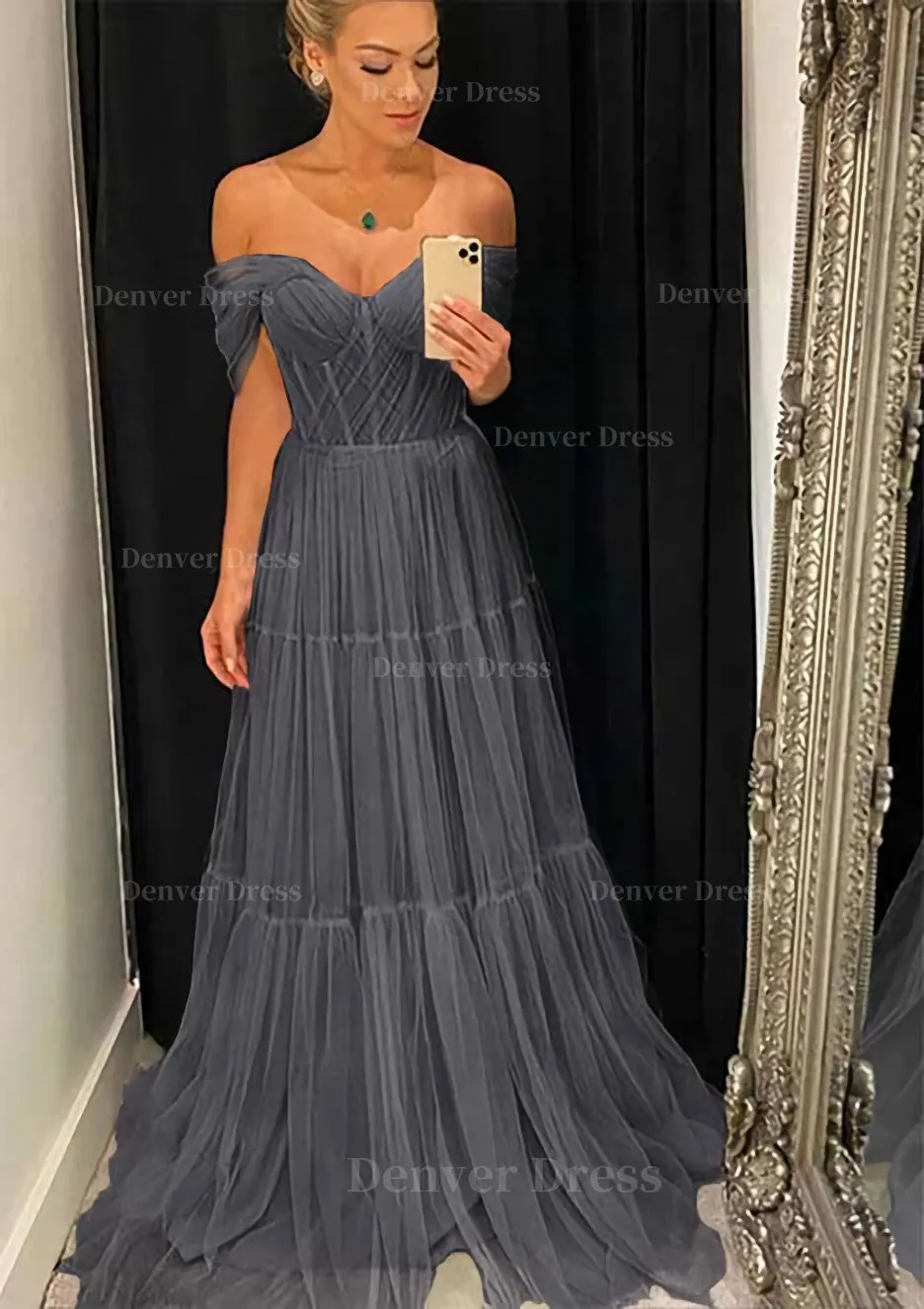 A-line Off-the-Shoulder Sleeveless Sweep Train Tulle Prom Dress With Pleated