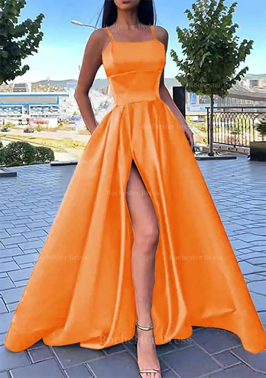 A-line Square Neckline Spaghetti Straps Long/Floor-Length Satin Prom Dress With Split Pockets