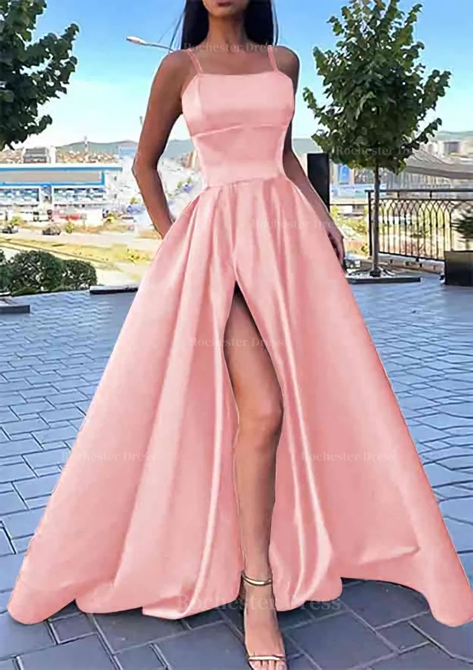 A-line Square Neckline Spaghetti Straps Long/Floor-Length Satin Prom Dress With Split Pockets