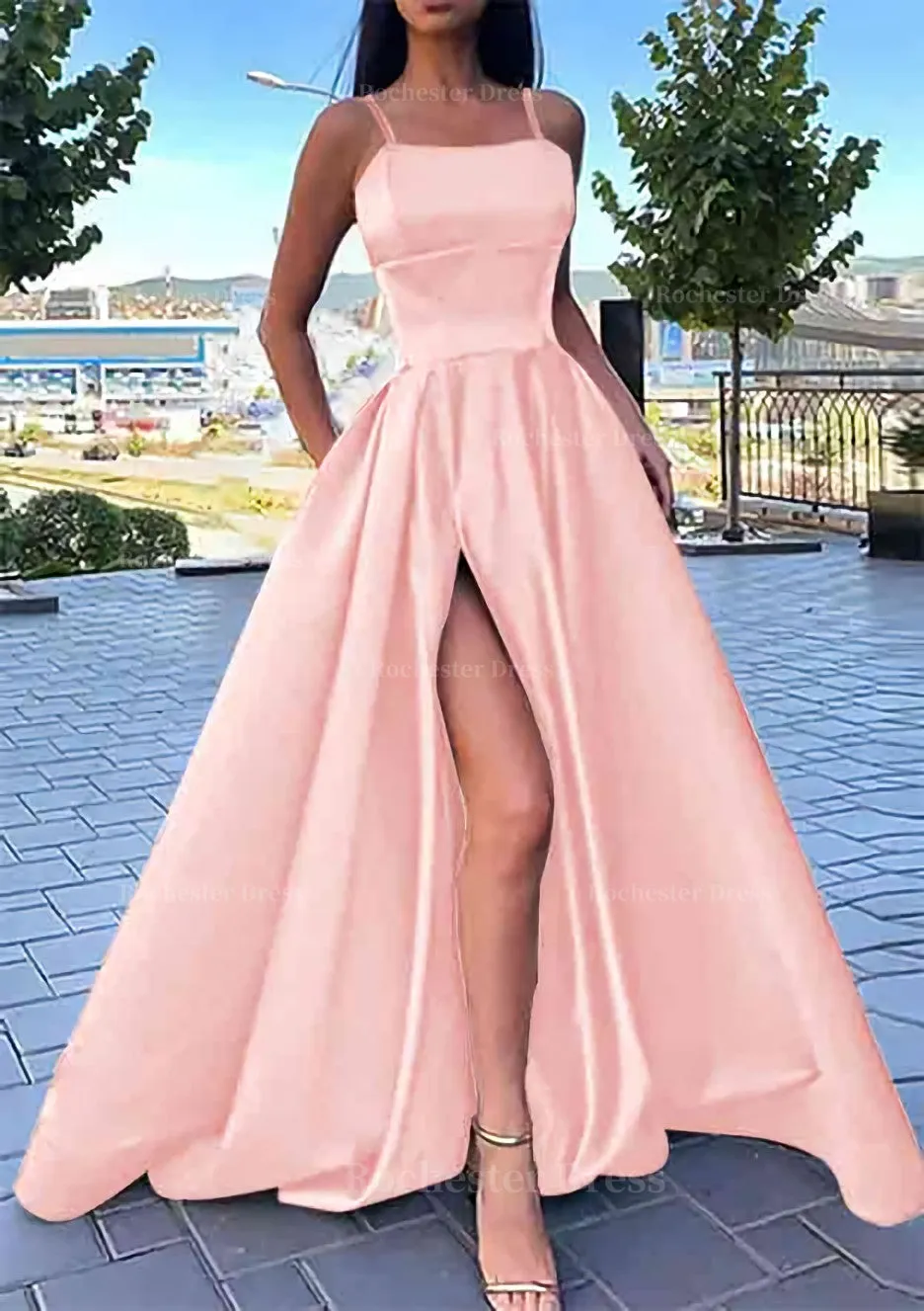 A-line Square Neckline Spaghetti Straps Long/Floor-Length Satin Prom Dress With Split Pockets