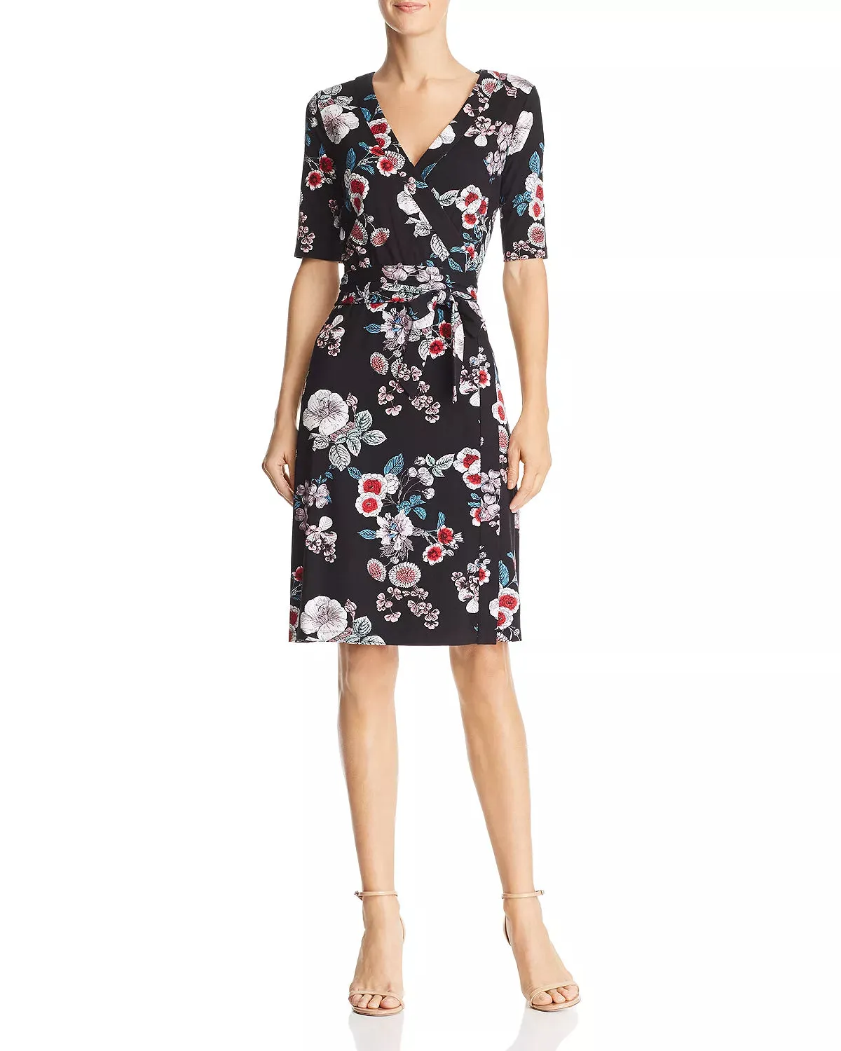 Adrianna Papell Surplice Neck Short Sleeve Floral Print Tie Side Rayon Jersey Faux Wrap Dress