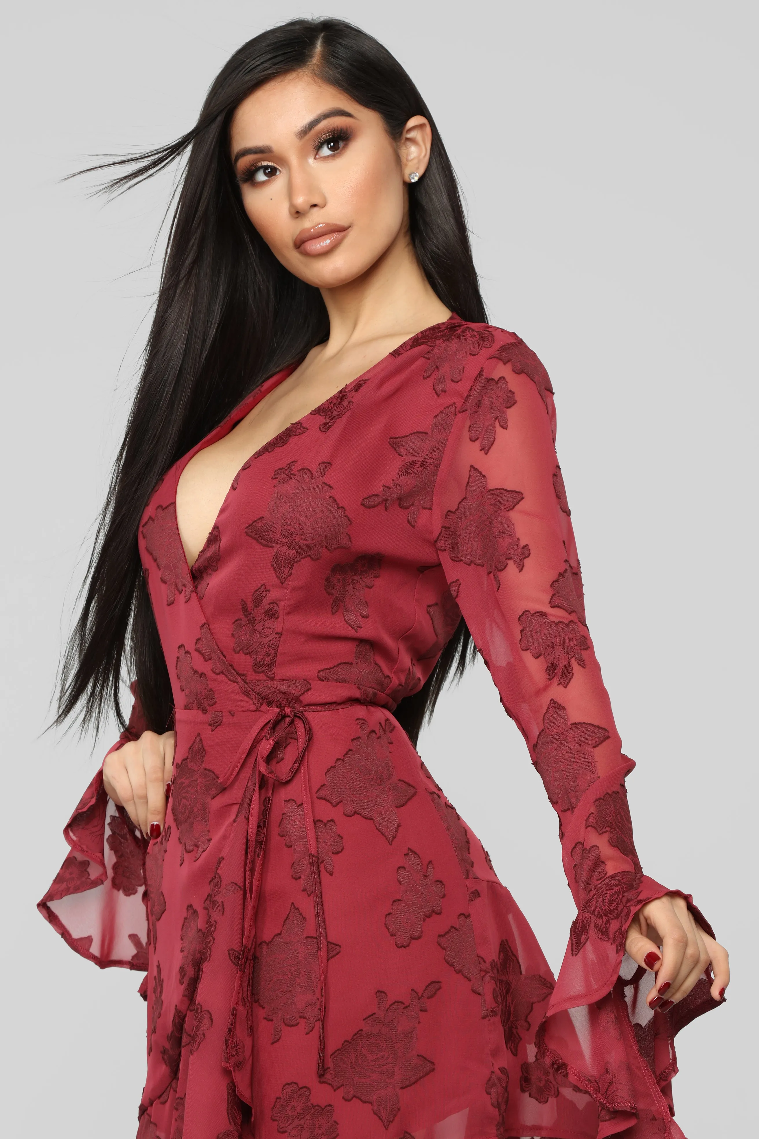 Alaina Floral Midi Dress - Wine