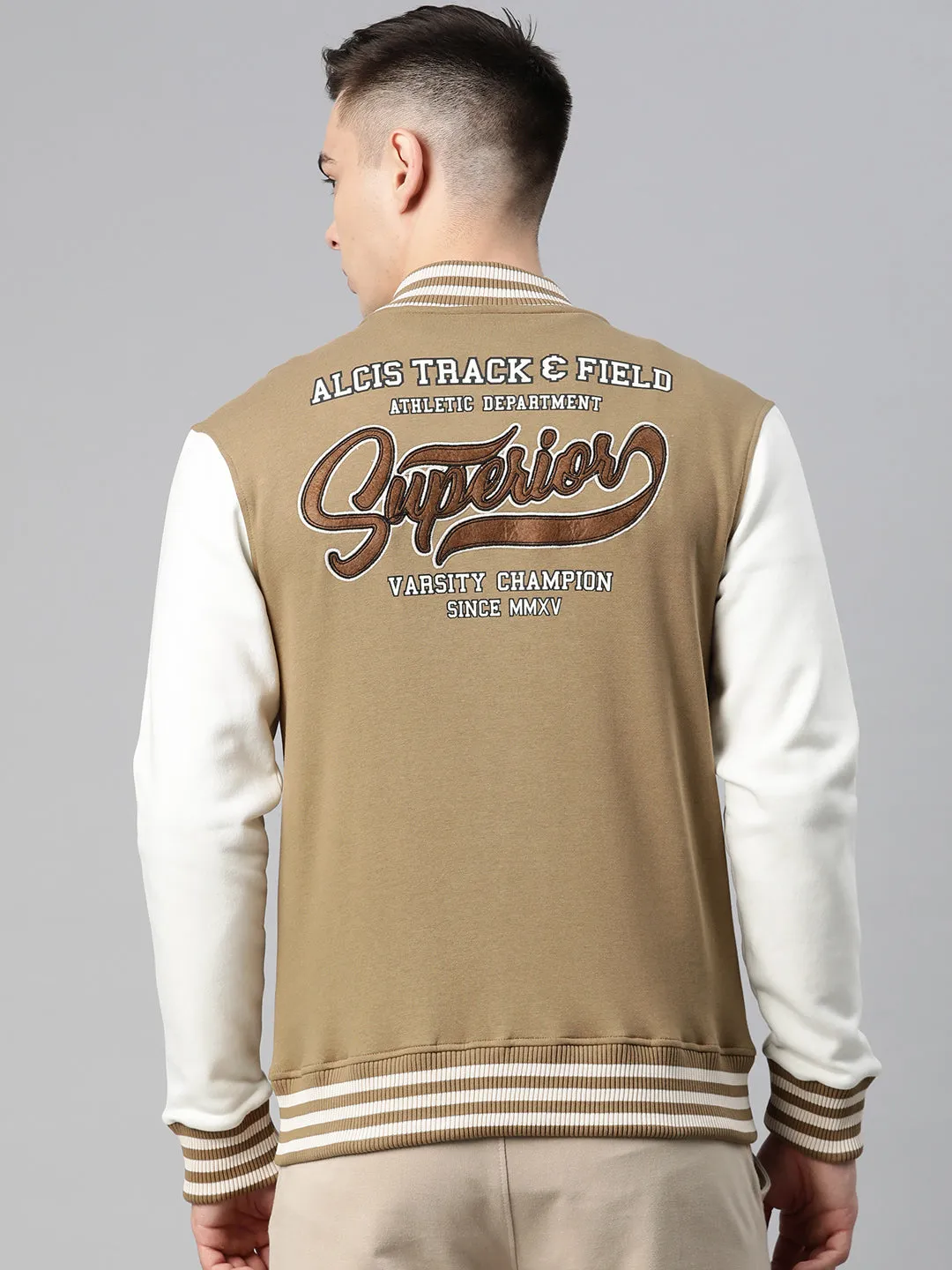 Alcis Men Brown Typography Printed Varsity Jacket