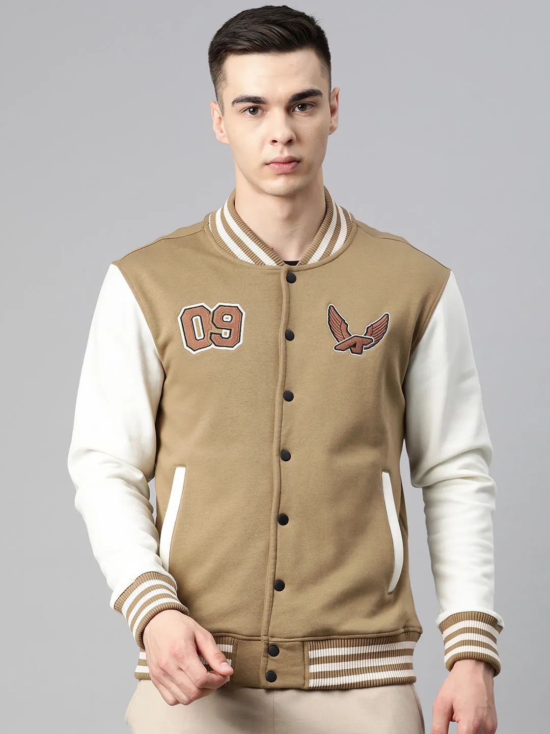 Alcis Men Brown Typography Printed Varsity Jacket