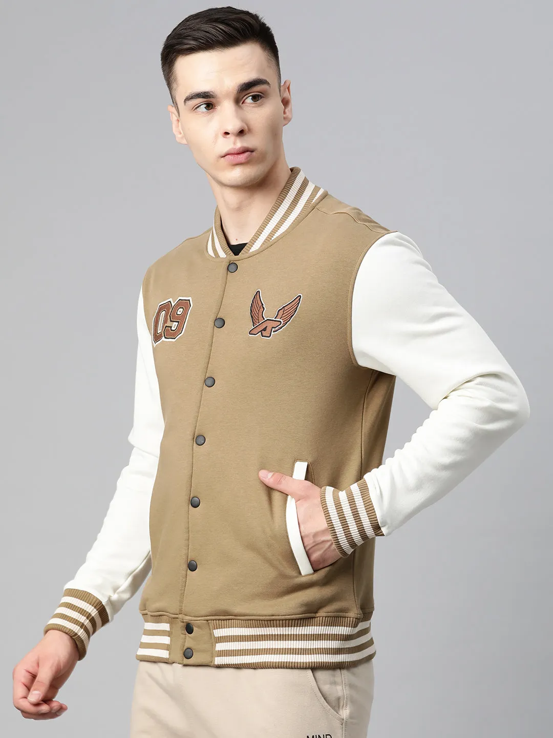 Alcis Men Brown Typography Printed Varsity Jacket