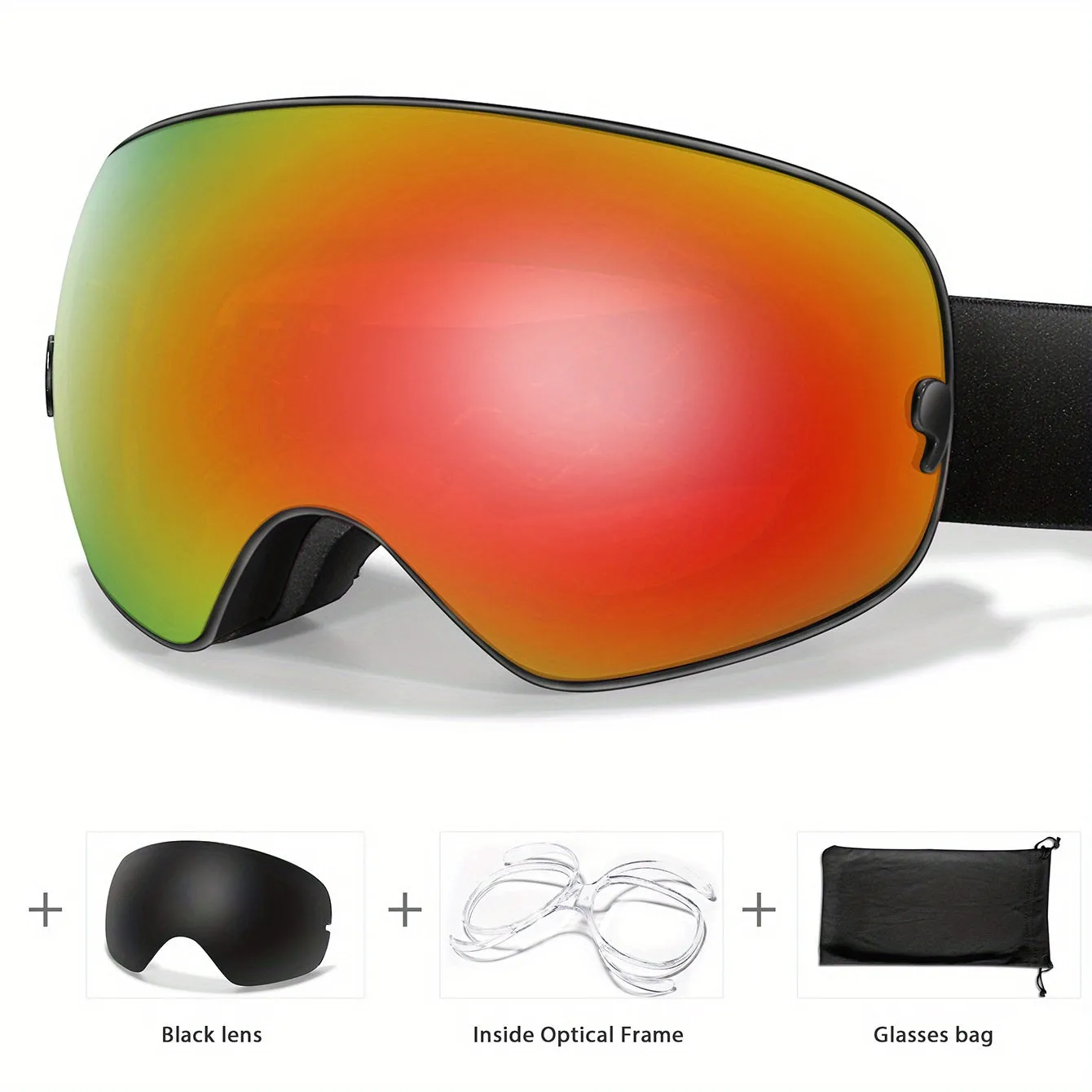 Anti-Fog Ski Goggles with Interchangeable Lens - TPU Frame, Includes Black Lens & Optical Frame & Carry Bag for Snowboarding, Skating, and Winter Sports, for Winter