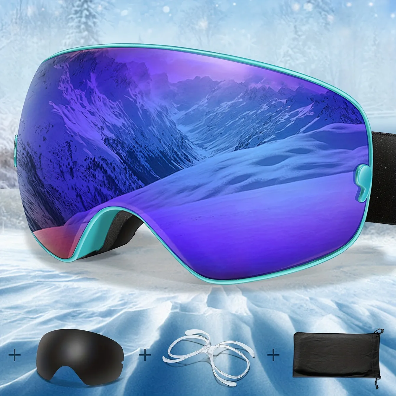 Anti-Fog Ski Goggles with Interchangeable Lens - TPU Frame, Includes Black Lens & Optical Frame & Carry Bag for Snowboarding, Skating, and Winter Sports, for Winter