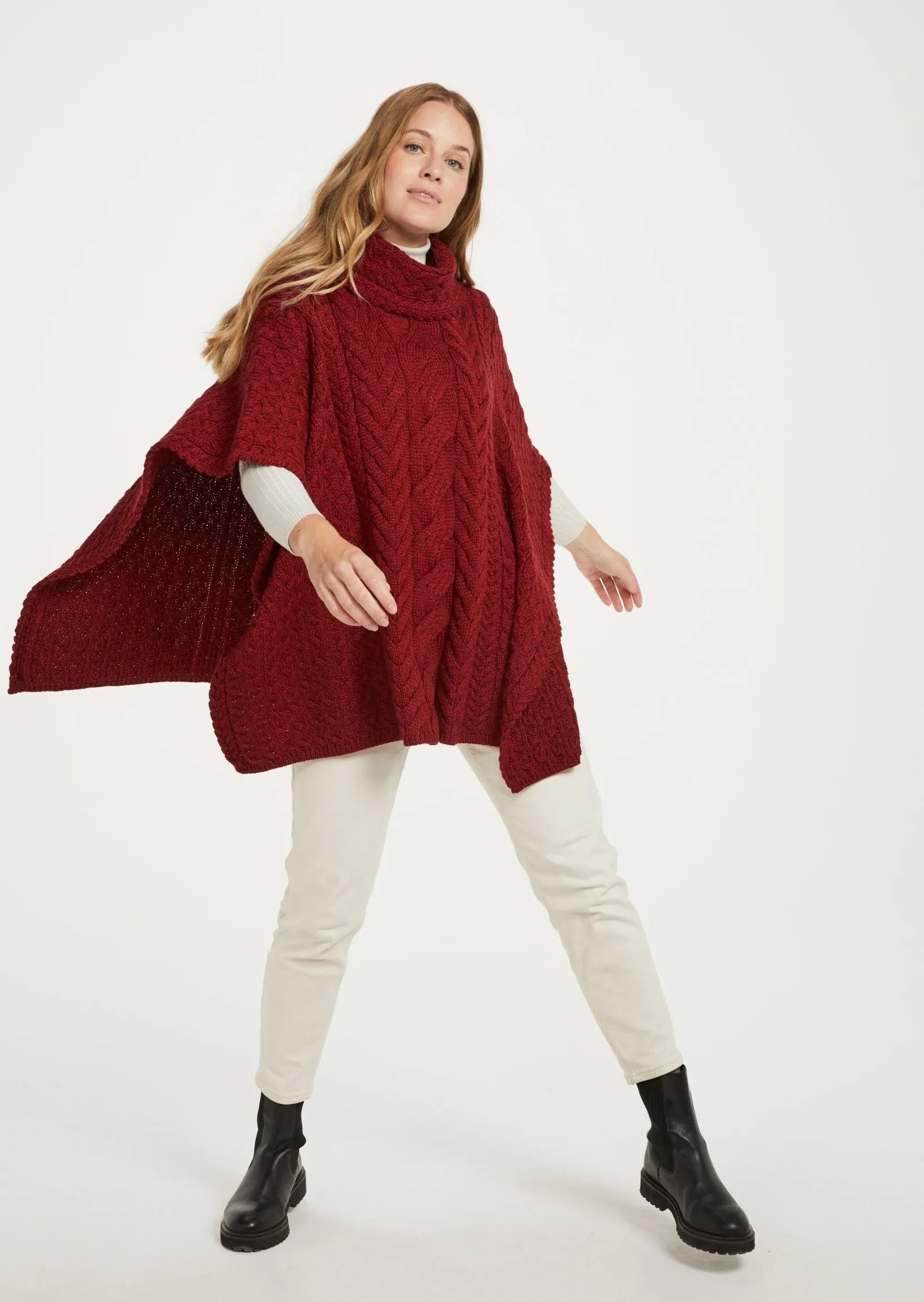 Aran Cowl Neck Poncho | Red