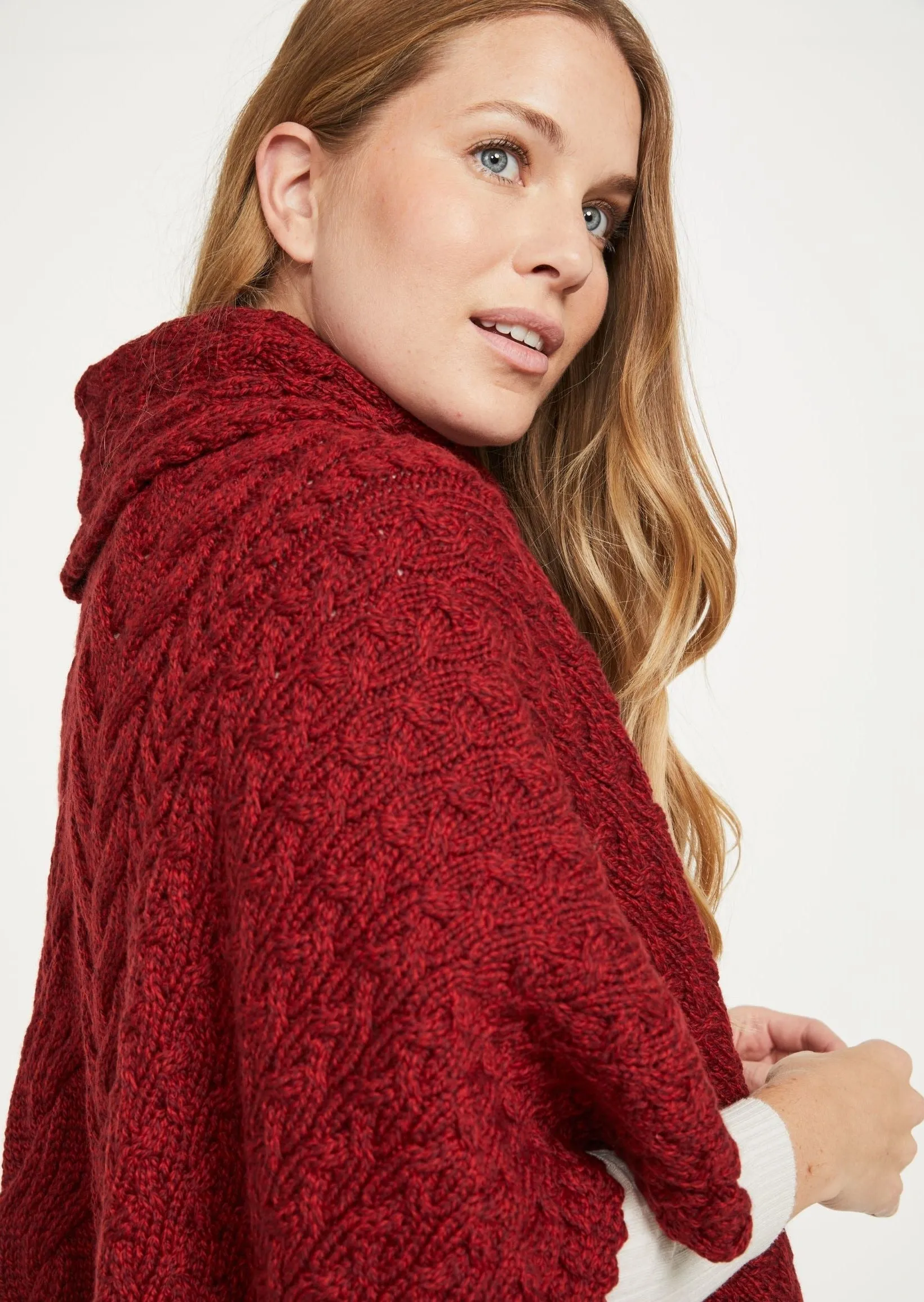 Aran Cowl Neck Poncho | Red