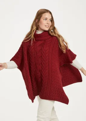 Aran Cowl Neck Poncho | Red