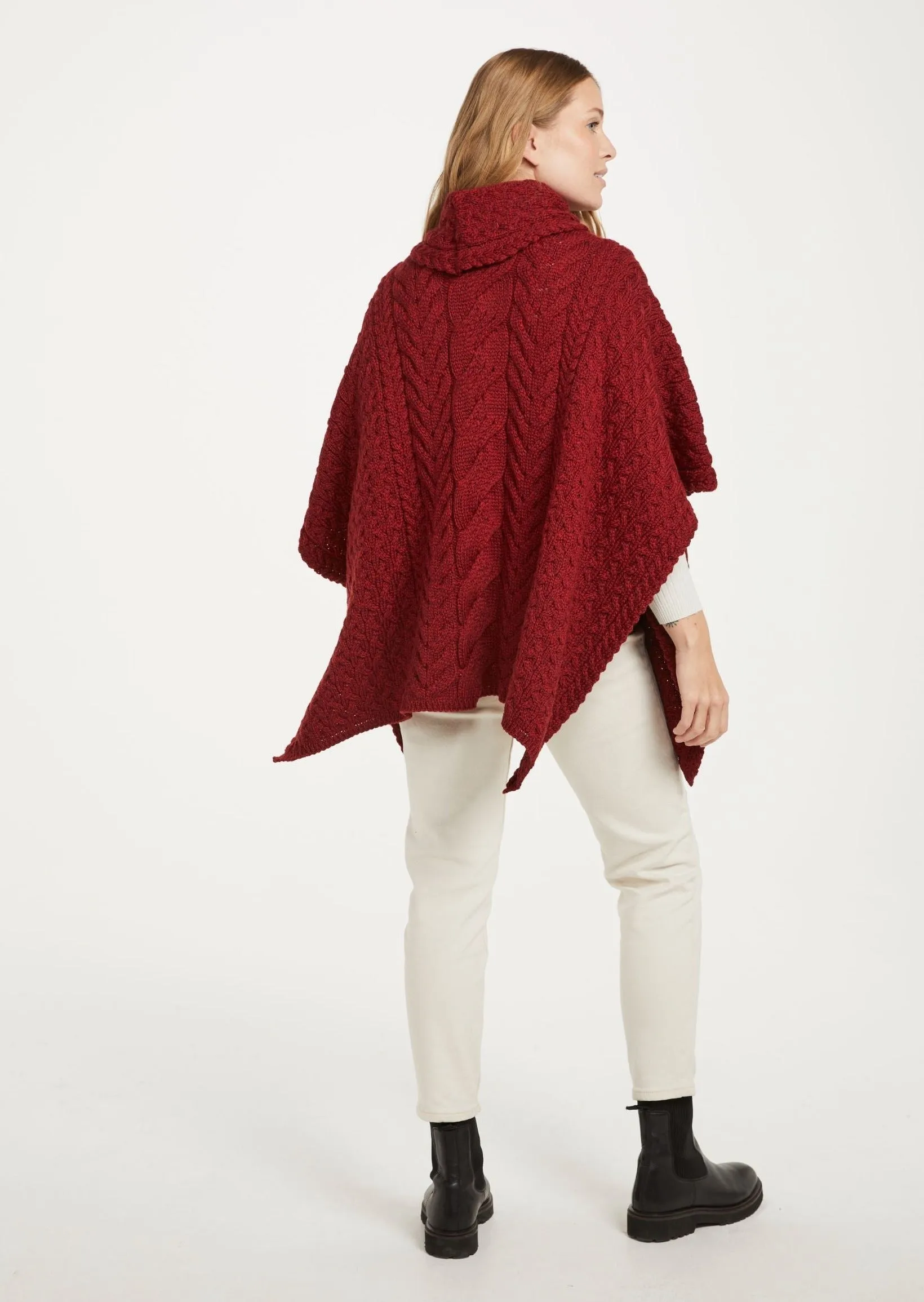 Aran Cowl Neck Poncho | Red