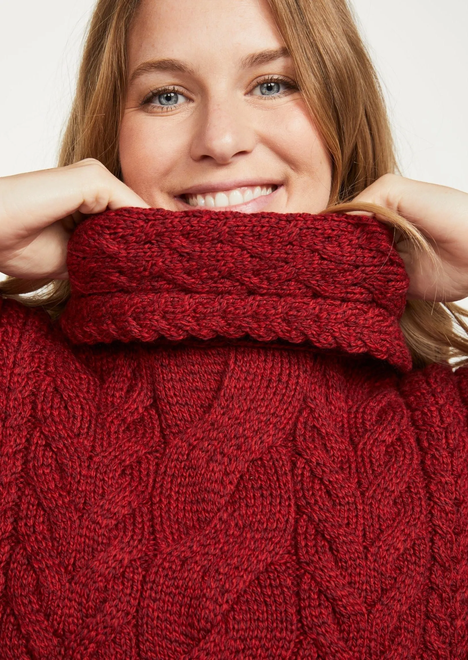 Aran Cowl Neck Poncho | Red