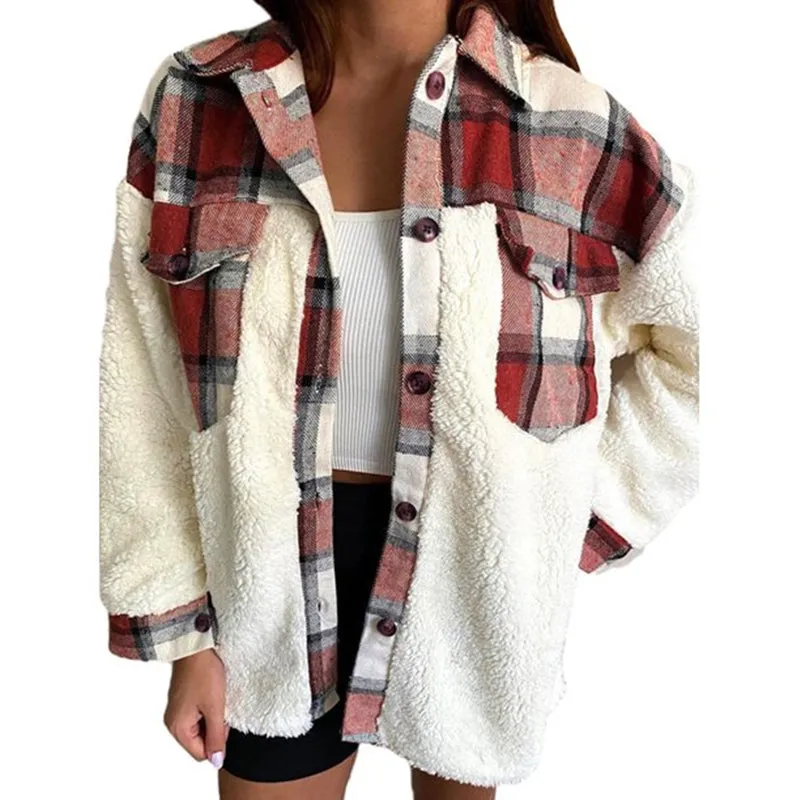 Autumn & Winter Warm Plaid Plush Stitching Jacket with Pockets