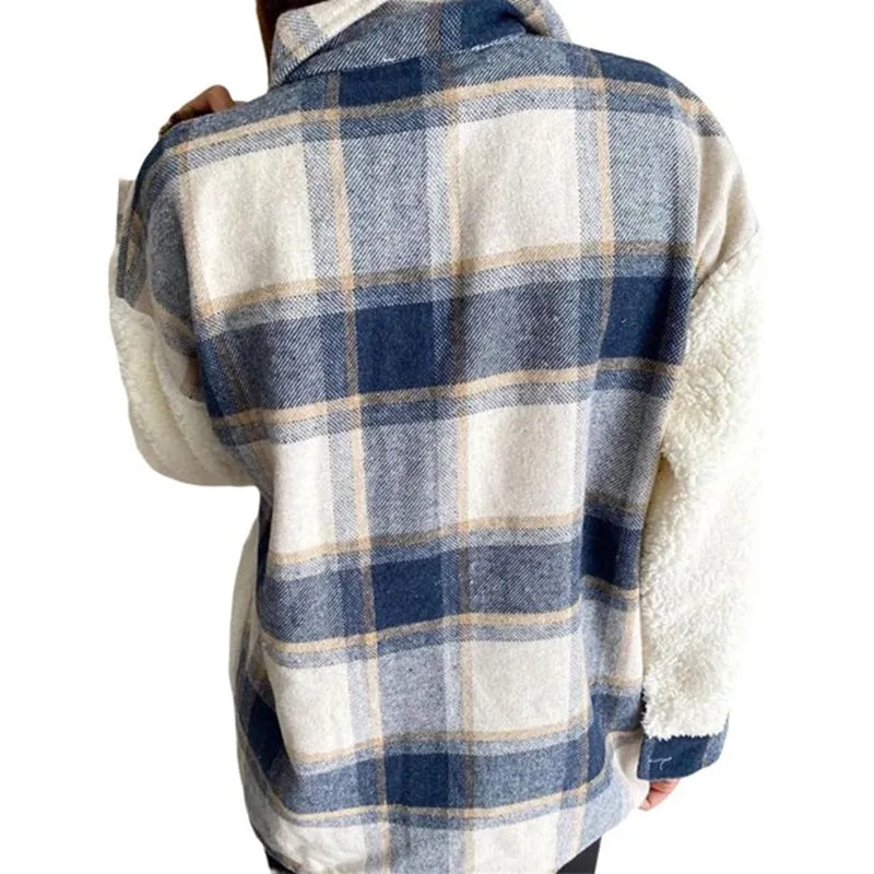 Autumn & Winter Warm Plaid Plush Stitching Jacket with Pockets