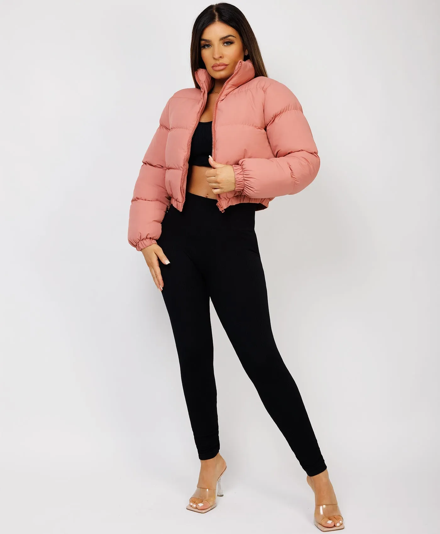 Baby Pink Solid Front Zipper Cropped Padded Puffer Jacket