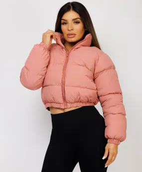 Baby Pink Solid Front Zipper Cropped Padded Puffer Jacket